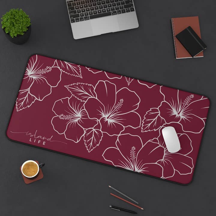 Modern Hibiscus Dark Red Gaming Pad Desk Mat for wholesale by Island Life