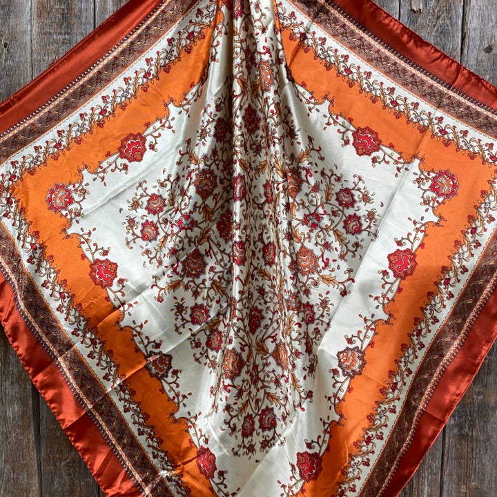 Rodeo Drive - Wholesale Scarf - Unisex - 35X35" Burnt Orange & Tan Paisley Wild Rag / Scarf - Tooled Leather Wild Rag Slides - Assorted