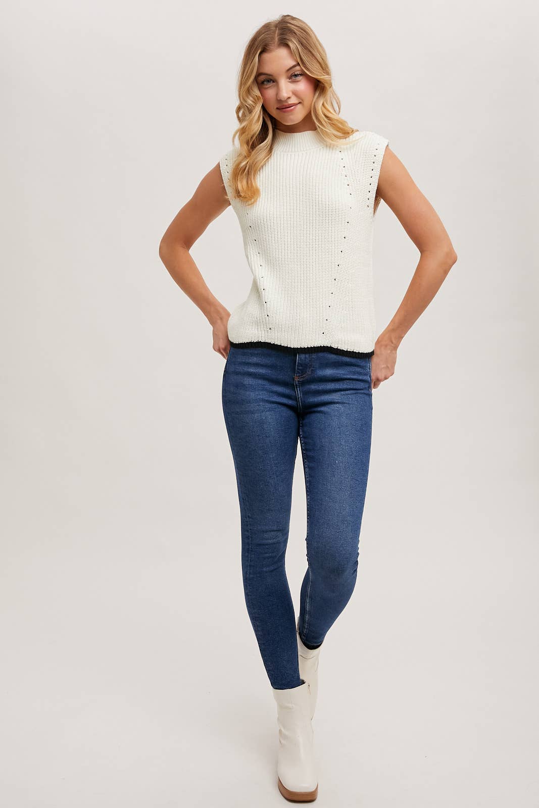 Bluivy - Wholesale Sweater Vest - Women's - MOCK KNECK CONTRAST BOTTOM HEM CAP-SLEEVED KNIT SWEATER VEST16