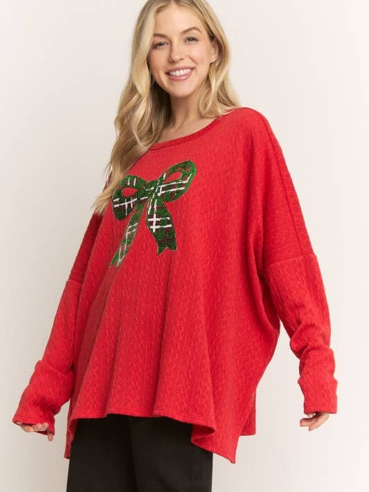 RED ET7748-17 LONG SLEEVE TOP WITH CHRISTMAS PATCH for wholesale on Faire7