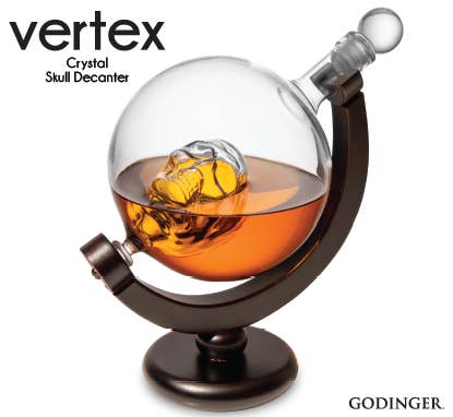 Godinger - Vente Carafe - Carafe en forme de crâne avec base en bois