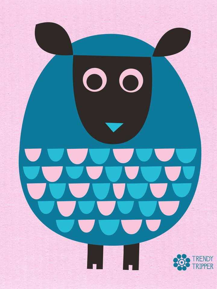 Tweekleurig schaapje turkoois op lichtroze Zweedse vaatdoek voor wholesale door Trendy Tripper