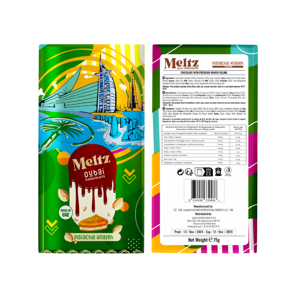 schutzoutlet – Barra de chocolate por atacado – Chocolate Meltz Original Dubai com Pistache - 75 g1