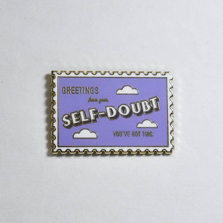 Self-Doubt Stamp Enamel Pin for wholesale by Yours Truly, Mary Anne