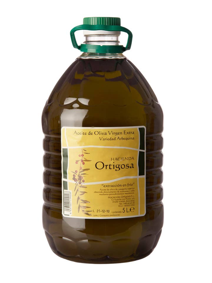 Bottiglia da 5 litri di olio extravergine di oliva 100% Arbequina per la vendita all'ingrosso da parte di HACIENDA ORTIGOSA