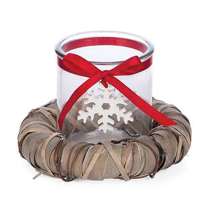 Clear Glass Candle Holder w/ Snowflake and Red Ribbon 4in for wholesale by Willow Group