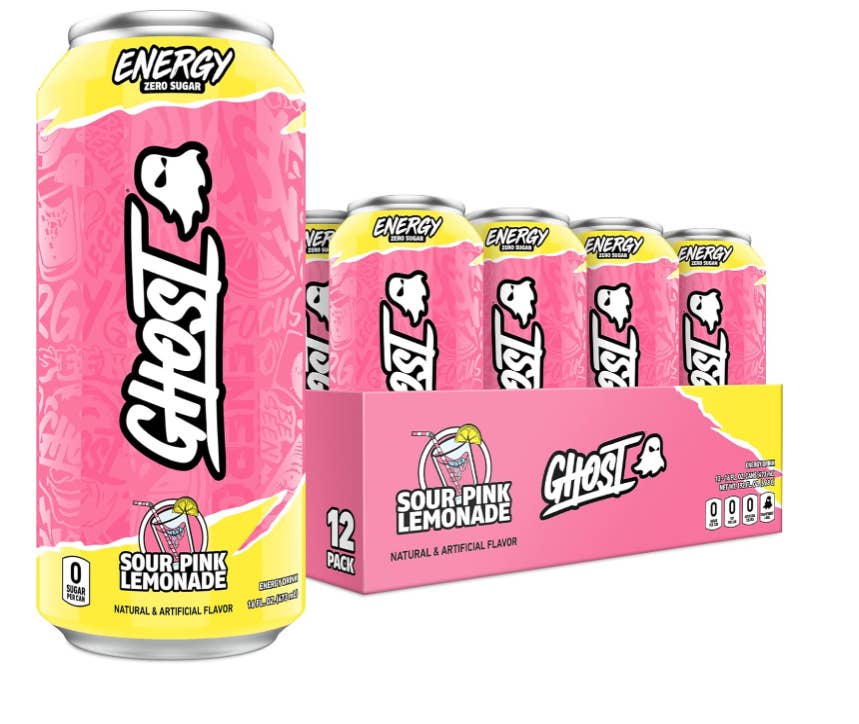 L&F Universal Goods - Vente Boisson sportive et énergisante - Limonade rose acidulée Ghost Energy, canette de 16 oz liq