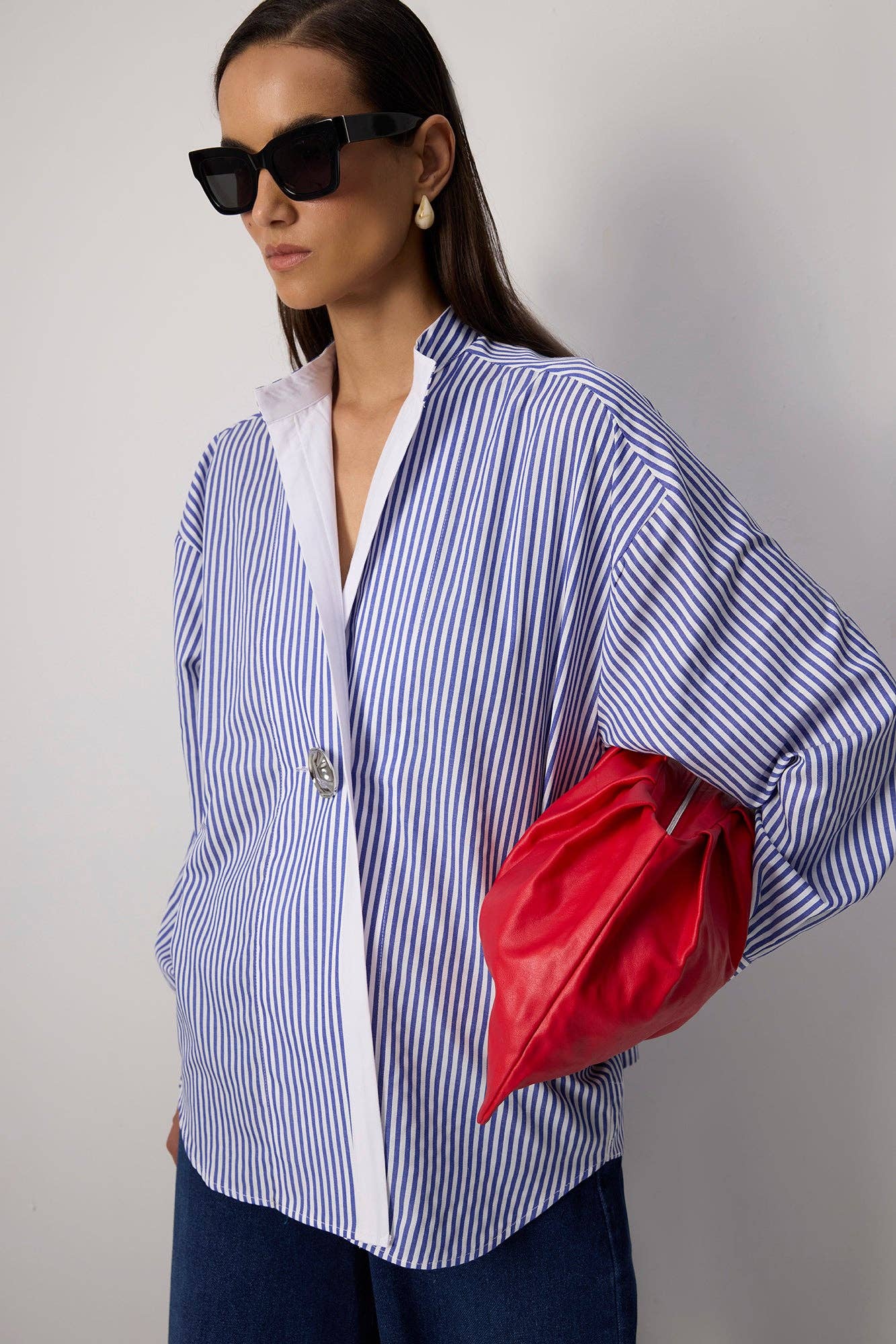 Midnight Blue Striped Asymmetric Tunic Shirt with Gold Button - Cotton Blend for wholesale on Faire