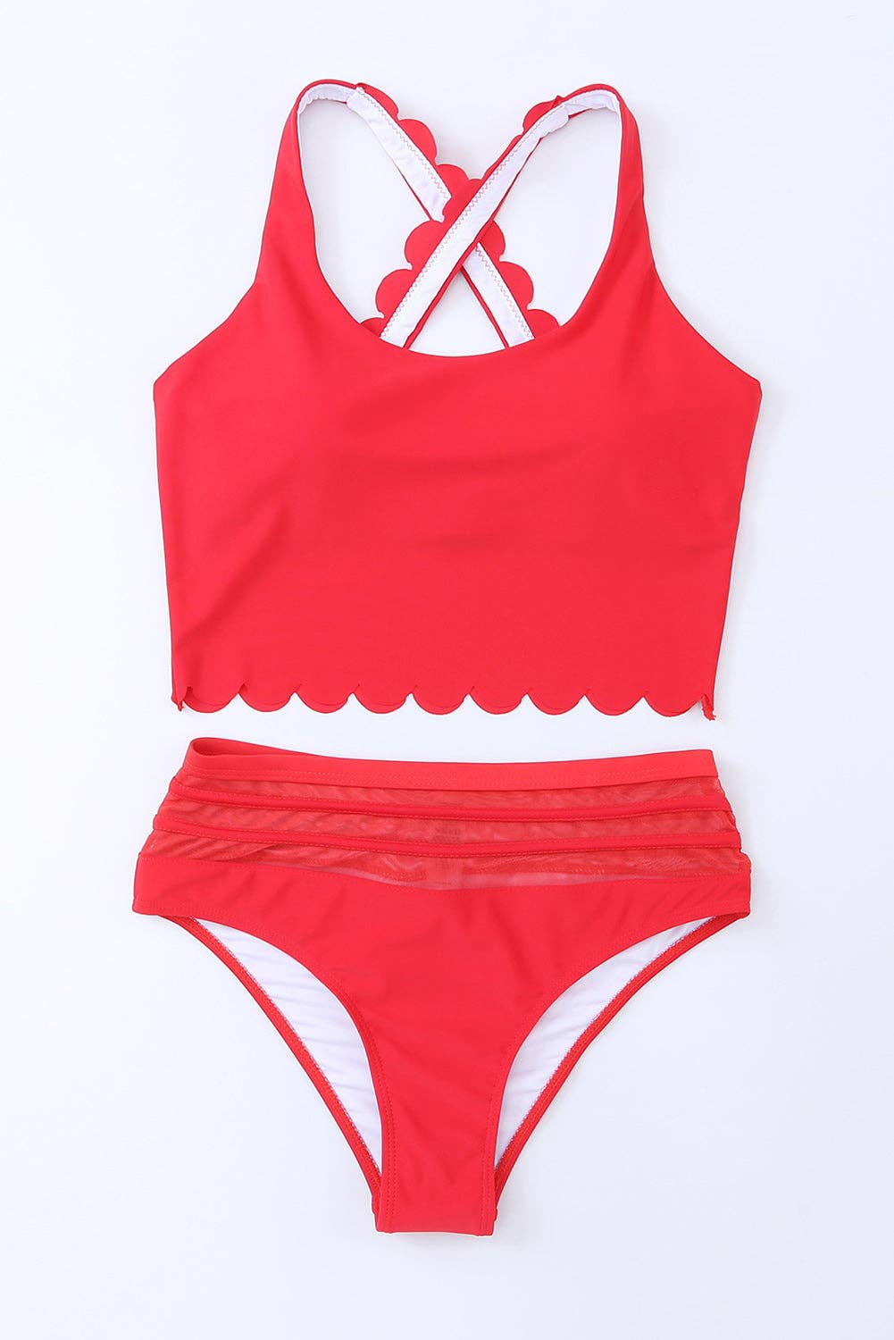 EG fashion - Wholesale Two Piece Swimsuit - Women's - Pink Scalloped Sleeveless High Waisted Two Piece Swimsuit24