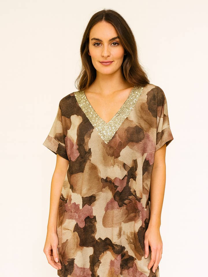 Italiensk kortärmad paljett V-ringad tryckt stickad tunikatopp för wholesale av Miss Bold