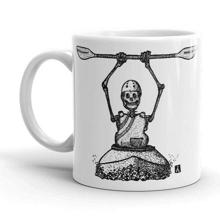 Coffee Mug With Pen & Ink Drawing Of Skeleton Kayaking for wholesale by Bellavance Ink