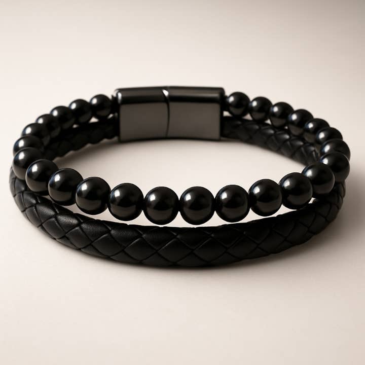 La Boîte à Cailloux - Venta al por mayor Pulsera de cuentas - Pulsera Hombre cuero obsidiana dorada (bolas 5-6mm)