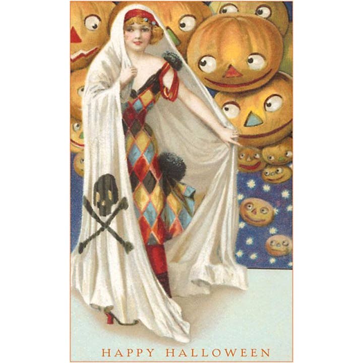 Postal HW-143 Mulher Arlequim com Abóboras de Halloween por atacado de Found Image Press