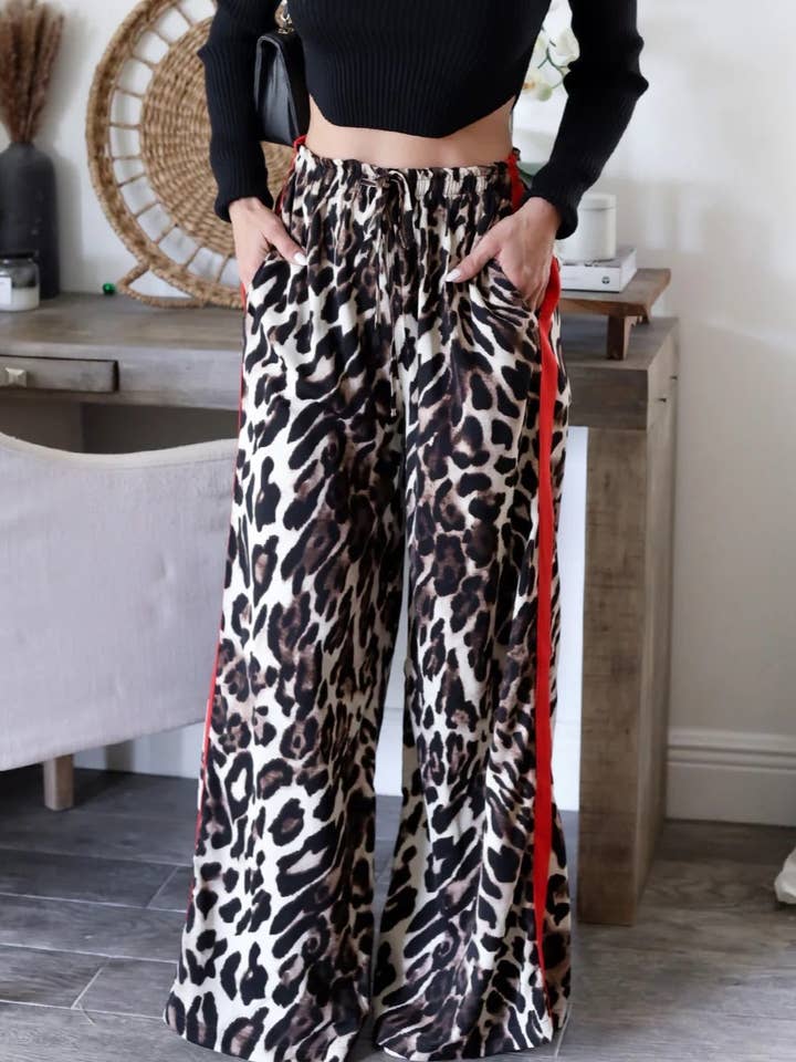 Leopard Print Red Striped Wide-Leg Trousers for wholesale on Faire