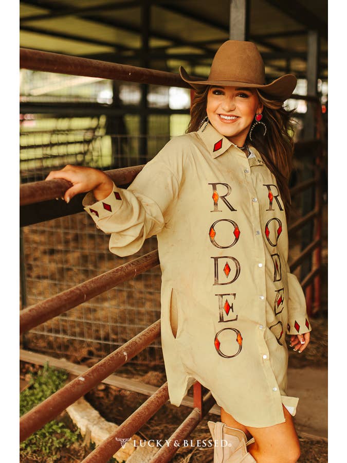 LUCKY & BLESSED - Wholesale Dress - Women's - Plus Size Khaki Pearl Snap Button Down Rodeo Dress