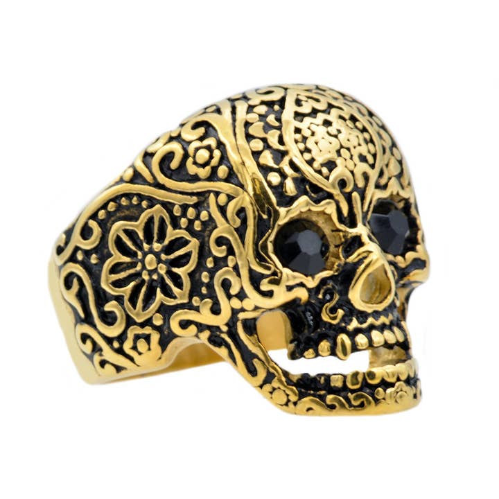 Men's Gold Stainless Steel Skull Ring With Black Cubic Zirconia for wholesale by Blackjack Mens Jewelry