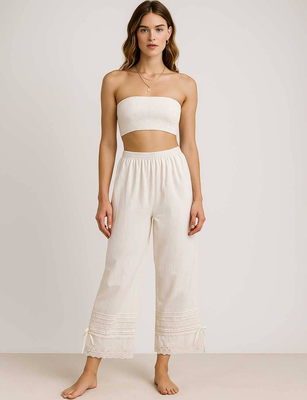 Sweetkama - Wholesale Pants - Women's - Ladies Solid Color Elastic Waist Eyelet Drawstring Bloomer Pants5