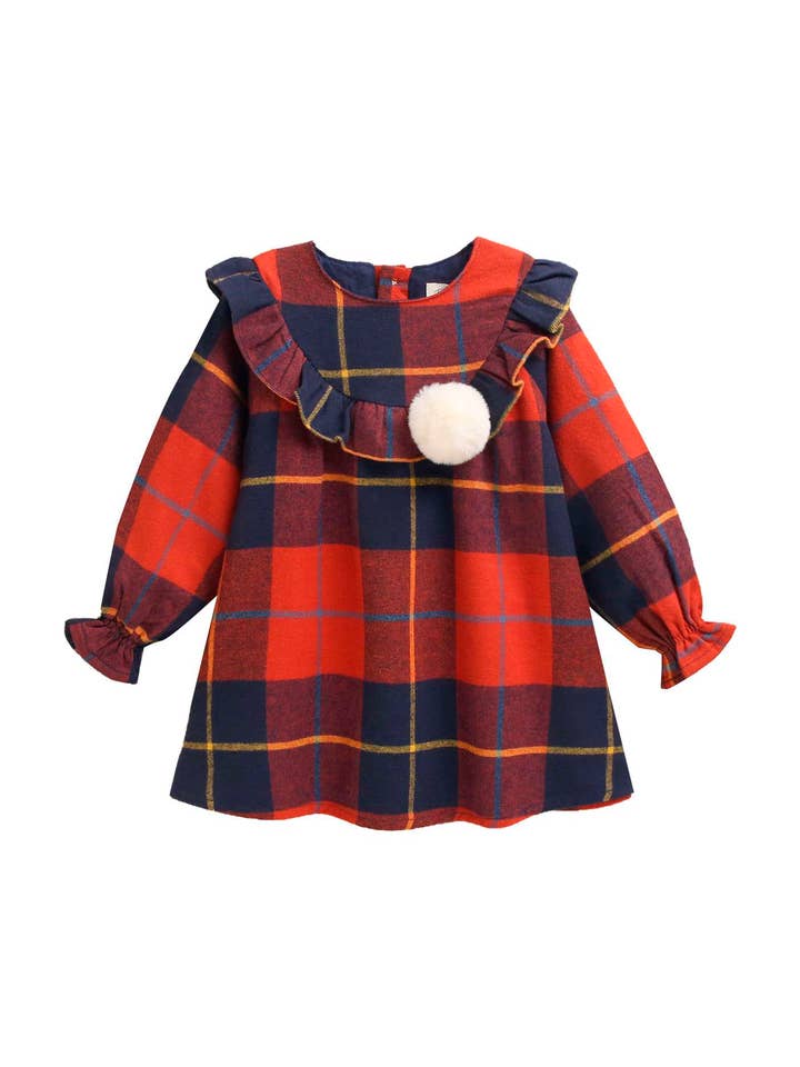 Red and Blue Plaid Plaid Baby Dress with Pompom for wholesale by Dadati