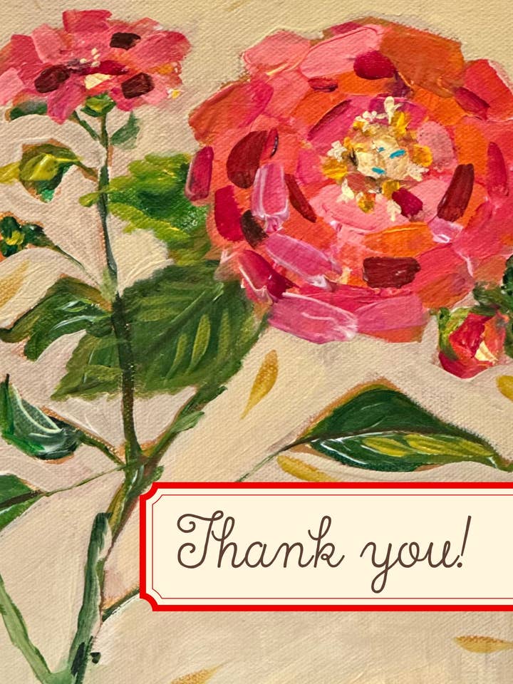 Thank You Pink Zinnia Greeting Card for wholesale by Carpe Diem Papers