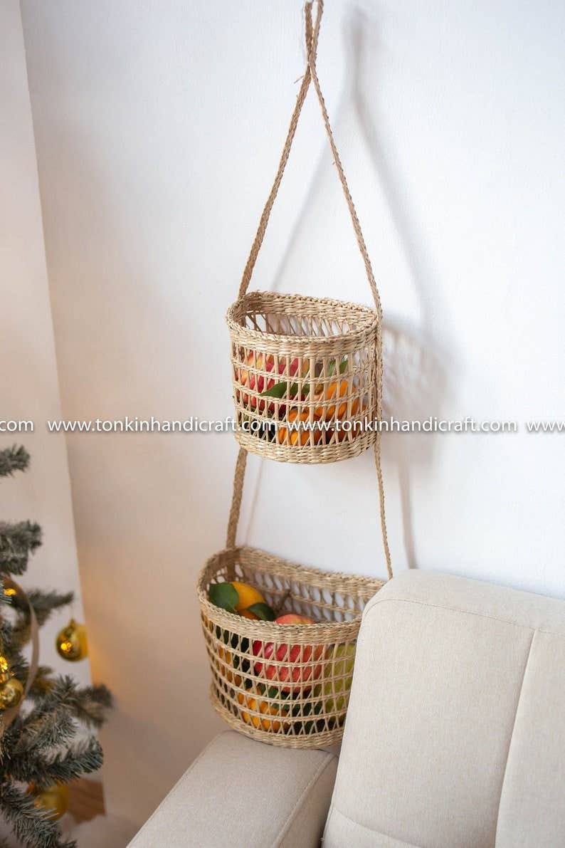 Tonkin Handicraft - Vente Paniers - Corbeille à fruits suspendue à 2 niveaux - Panier demi-lune4