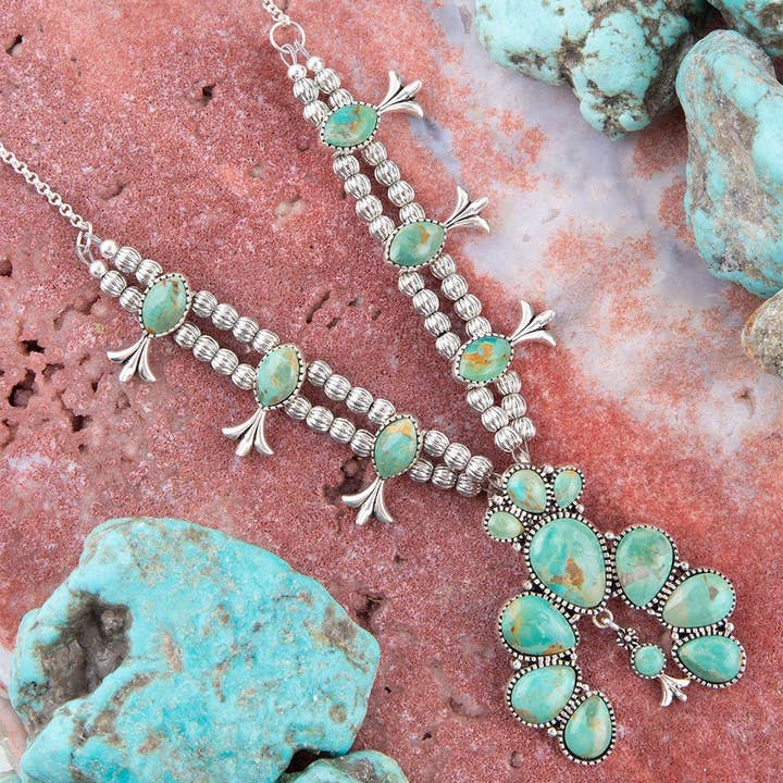 Barse Jewelry - Wholesale Pendant/Charm Necklace - Floral Statement Blue Turquoise and Sterling Silver Necklace
