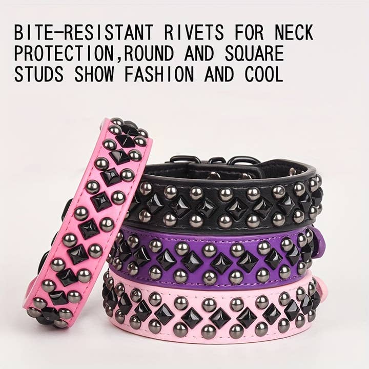 DIYSTORE - Wholesale Pet Collar - Dog - CP037 Studded Faux Leather Dog Collar with Bite-Resistant Rivets, Adjustable Basic Collar with Round and Square Studs for Neck Protection - For Medium to Large Dogs - Durable & Stylish - Perfect Gift for Dog Owners