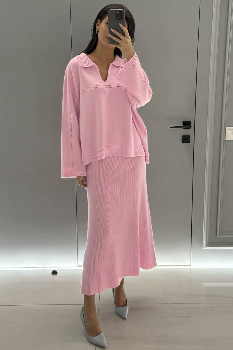 NINEXIS - Vente Ensemble haut et jupe - Femme - CWSS0750_ENSEMBLE DE JUPE-PULL À MANCHES LONGUES ET COL EN V TRICOTÉ2