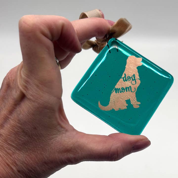 Dog Mom Handmade 2.25" Fused Glass Ornament for wholesale by Kiku Handmade | Contemporary Fused Glass Home Goods