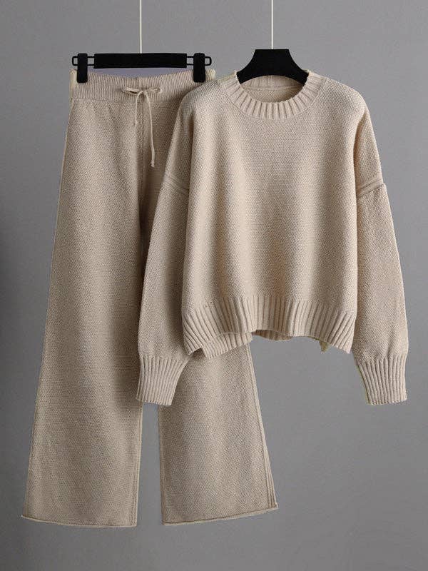 Plush Looks - Wholesale Top & Pant Set (NOT Loungewear) - Women's - Stylish Loose High-Low Long Sleeve Sweater + Wide Leg Pants12