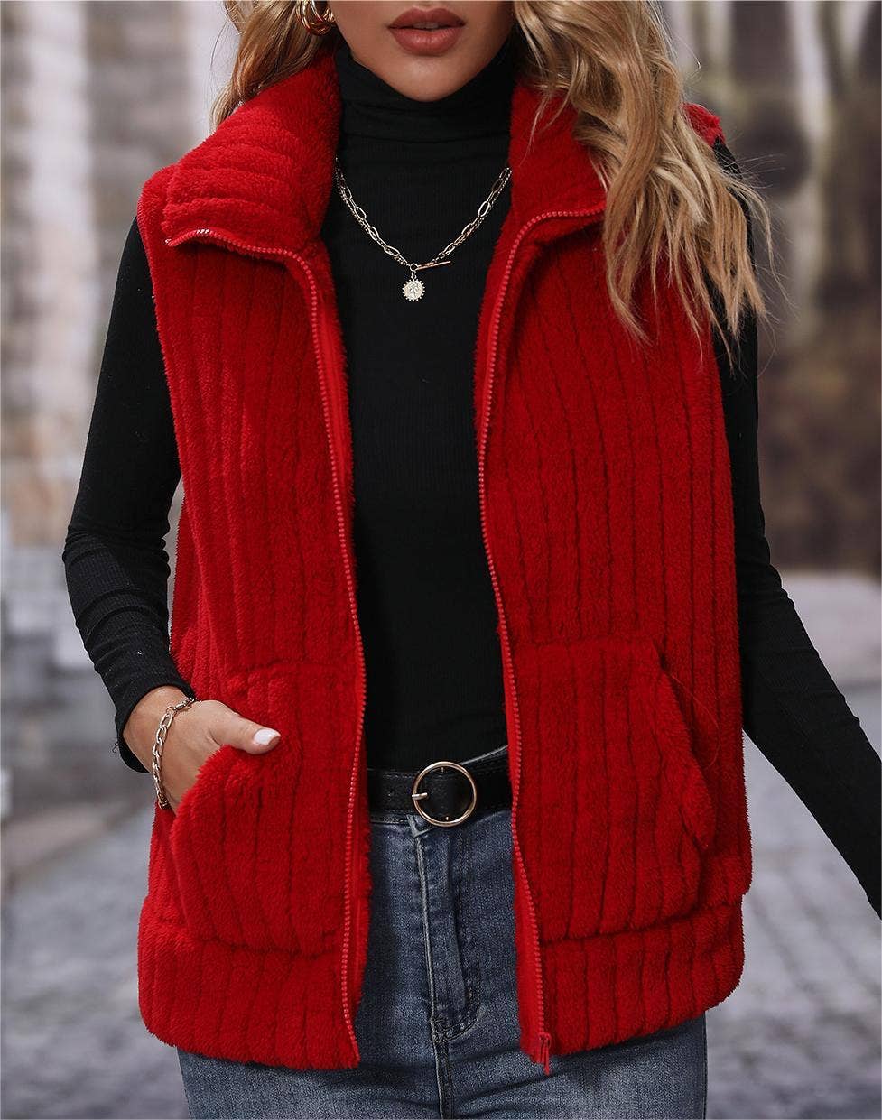 Rosa Clothing - Wholesale Outerwear Vest - Women's - Sherpa plush fleece zip outerwear vest4