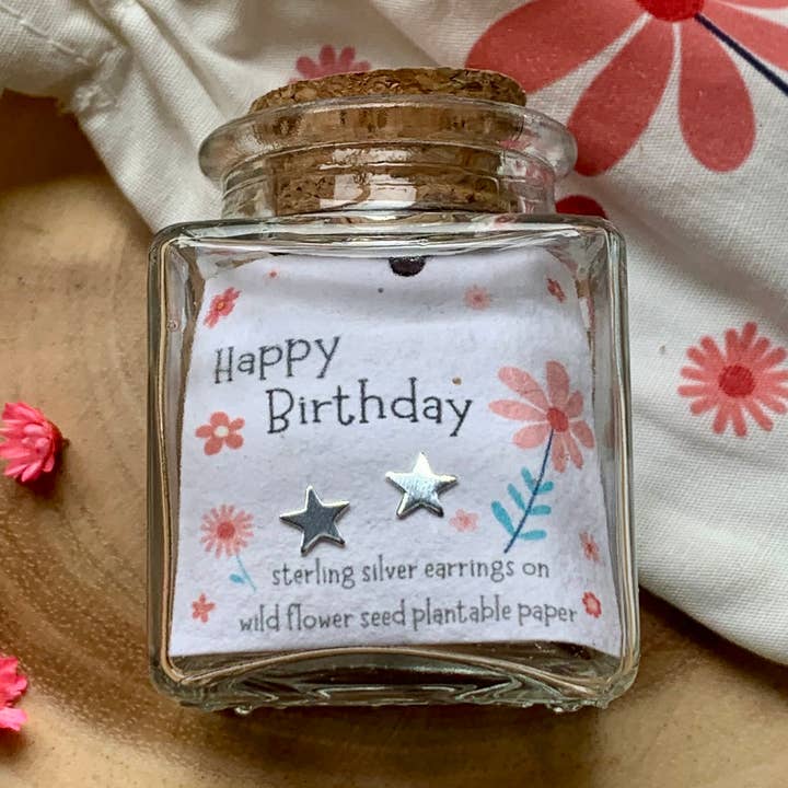 Brincos Garrafados Estrela de Feliz Aniversário em Prata de 1ª Lei por atacado de Ginger & Roo