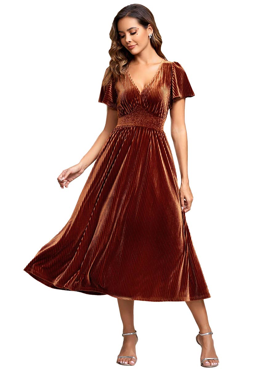 Ever-Pretty – wholesale Dress – Women's – V-Neck Tea Length Velvet Wedding Guest Dress7