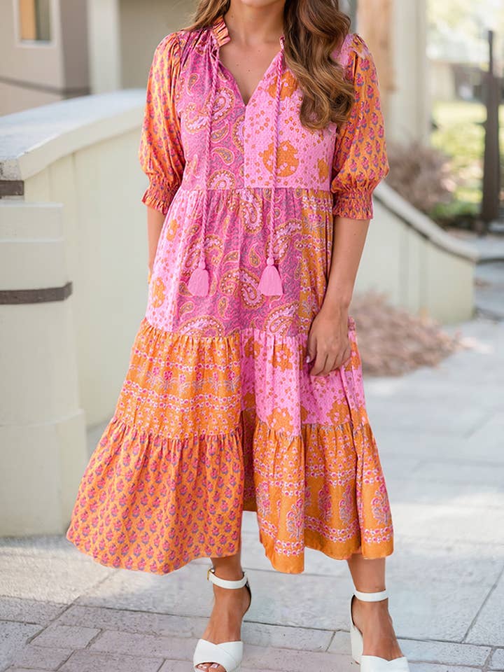 Pink Paisley Floral Patchwork Tassel Tie Plus Size Midi Dress for wholesale on Faire