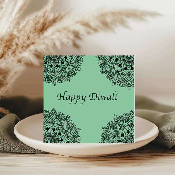 Diwali Green Mandala Greeting Card for wholesale by Libra Fine Arts