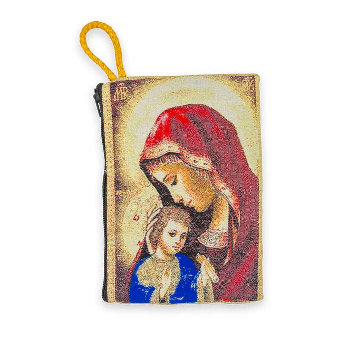 Village Gift Importers - Wholesale Pencil Case/Pouch - Large Tapestry Rosary Pouch with Madonna and Child Design