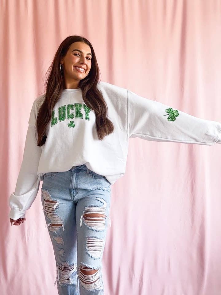 St. Patty's Lucky Shamrock White Sweatshirt for wholesale by Gabsdoodlebugdesigns