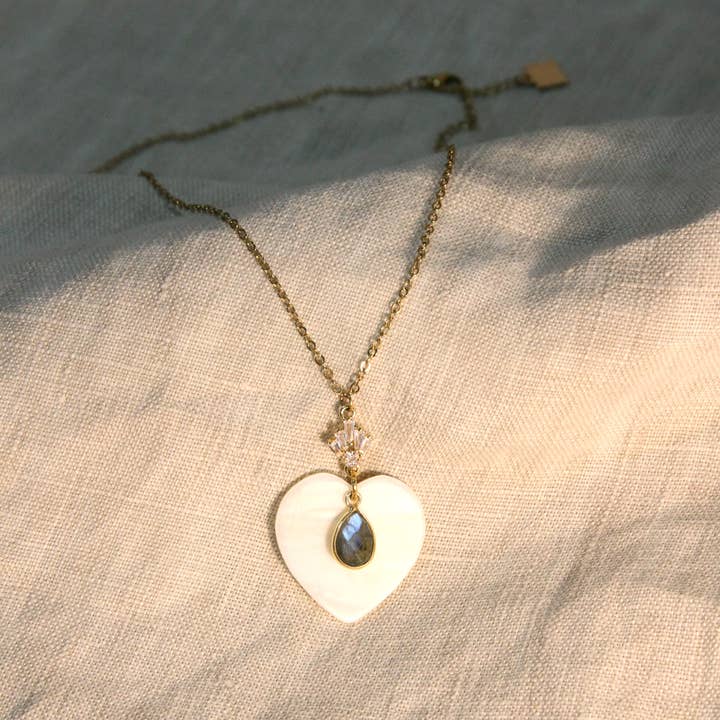 NK-692 | Mother of Pearl heart, gemstone pendant necklace for wholesale by Sunday Girl by Amy DiLamarra
