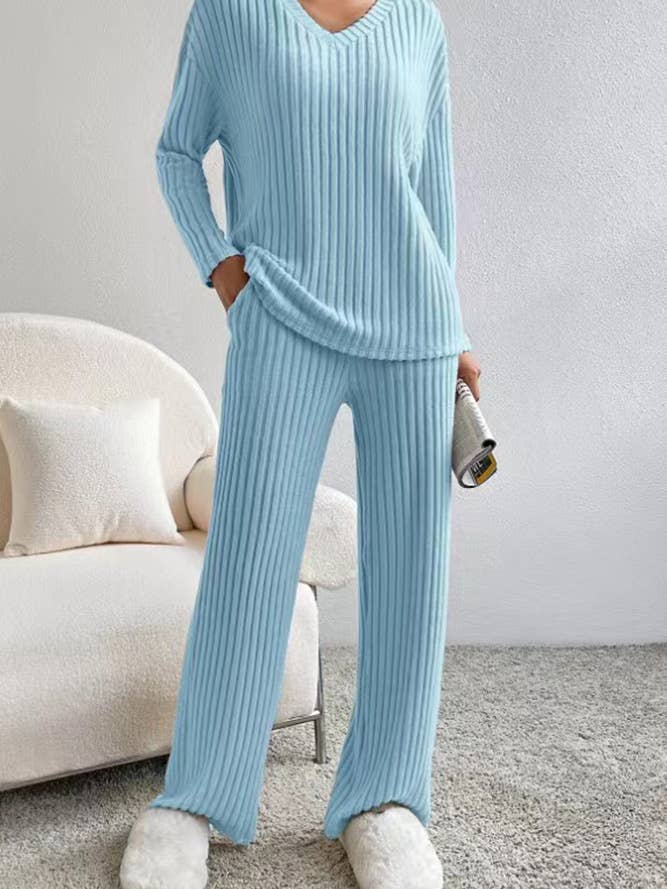 UNISHE - Wholesale Lounge Set - Women's - Plain V Neck Rib Long Sleeves Top With Pants 2pcs Set ZK5608