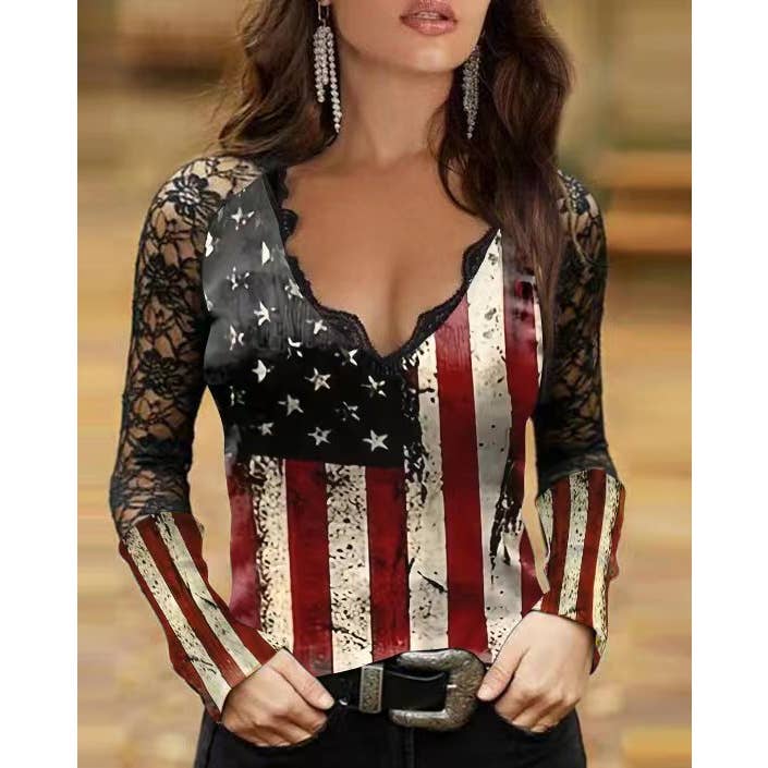 Top de encaje con estampado de bandera y cuello en V de manga larga para venta al por mayor de Tourtiwi