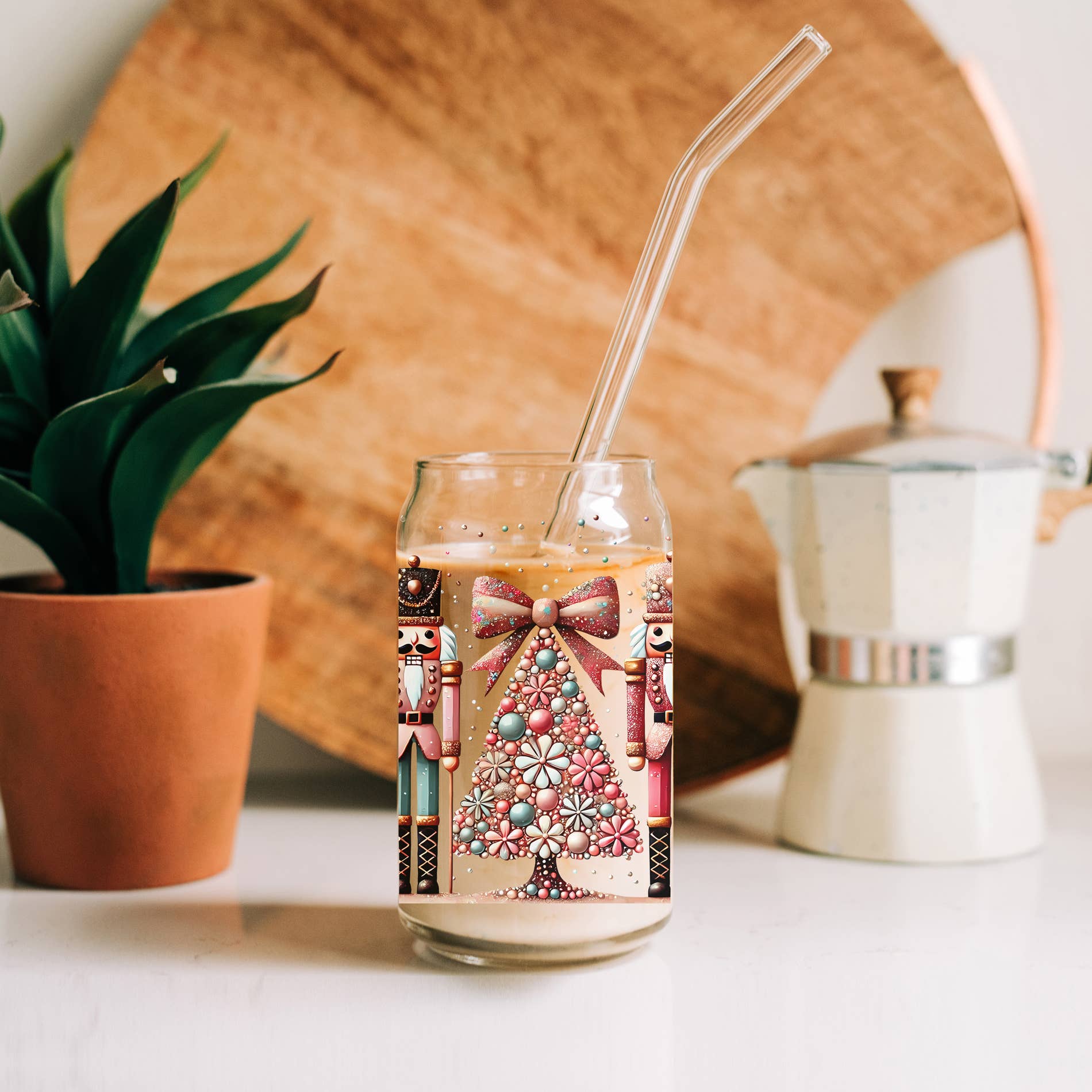 Gia Roma - Wholesale Drinking Glass/Cup - Candy Cane Christmas Can Glass. Cup With Glass Straw & Lid82