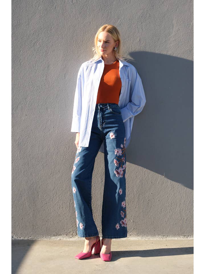 CHERRY BLOSSOM EMBROIDERED DENIM JEANS - HIGH WAIST for wholesale on Faire