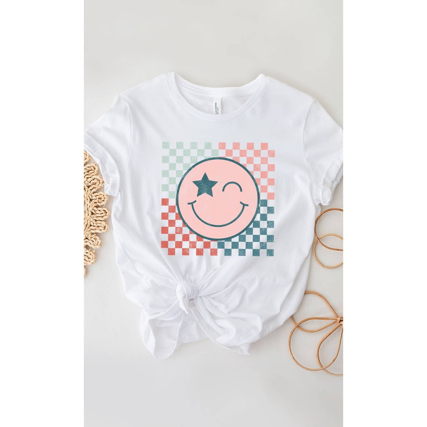 Kissed Apparel - Wholesale Screen Printed T-Shirt - Women's - Star Winky Smiley Checker Graphic Tee2
