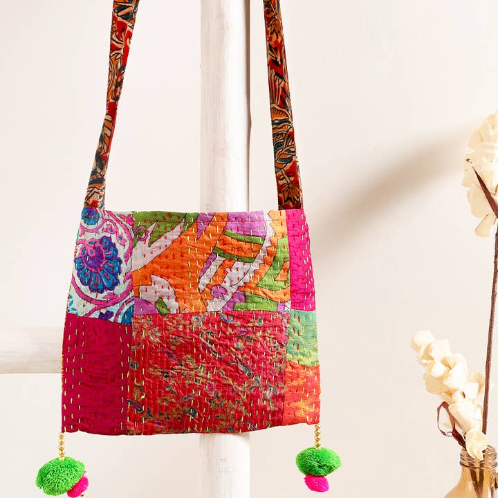 Sevya Handmade - Wholesale Crossbody Bag - Women's - Silk Kantha Pom Pom Bag