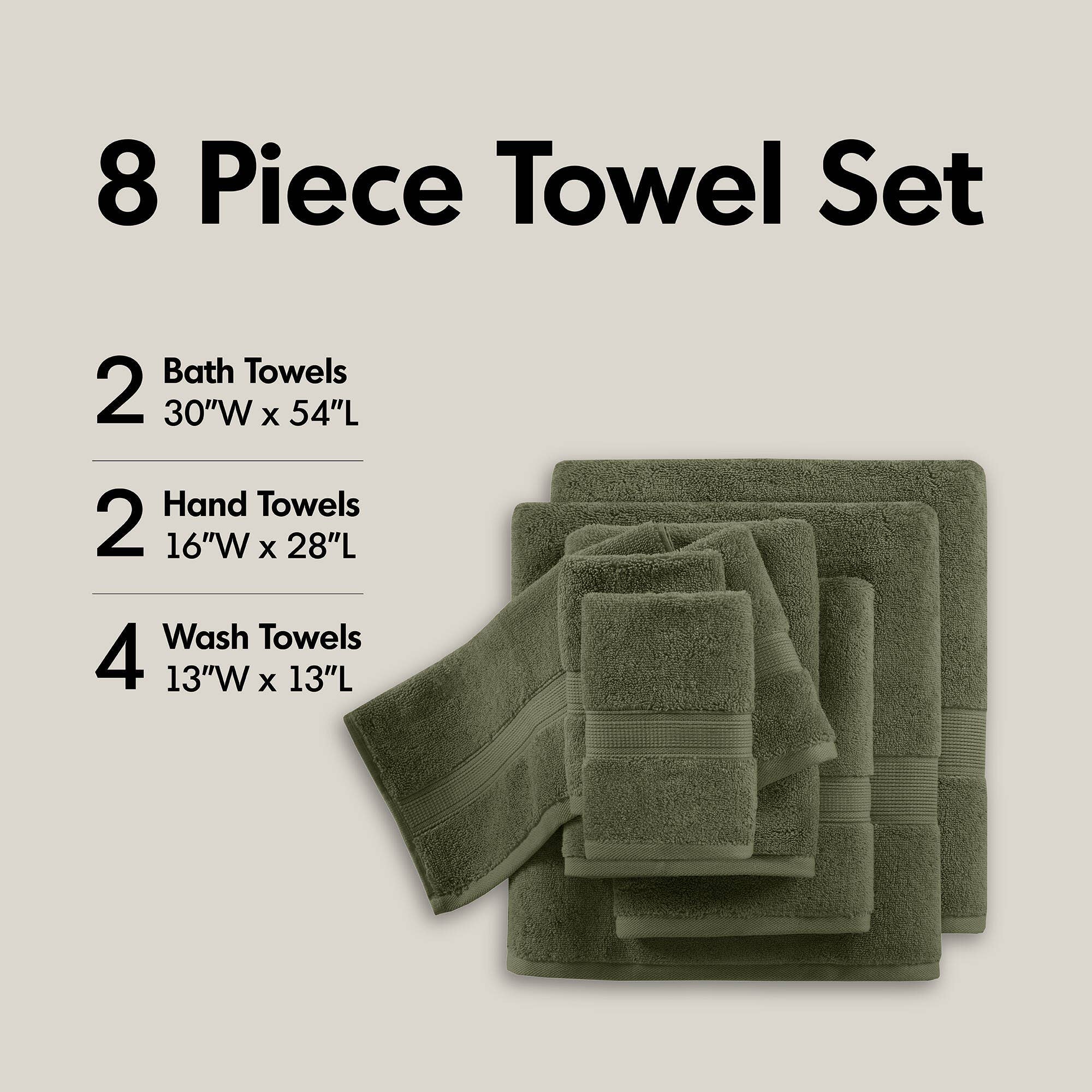 Olliix - Wholesale Bath Towel - 8-Piece 800gsm Cotton Absorbent Towel Set, Olive Green9