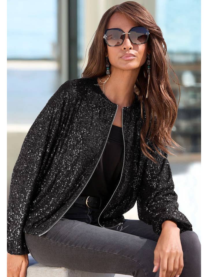 Black LASCANA Women's Sequin Bomber Jacket for wholesale on Faire