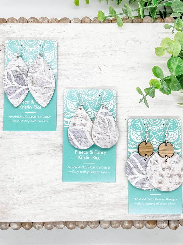 Handmade Neutral Leaf Cork Earrings for wholesale by Fleece & Fancy