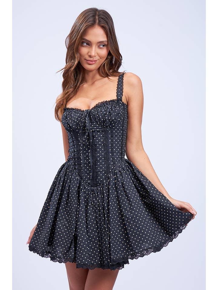 Bydo dots Black -POLKA DOT SWEETHEART OPEN NECK CORSET MINI DRESS for wholesale on Faire