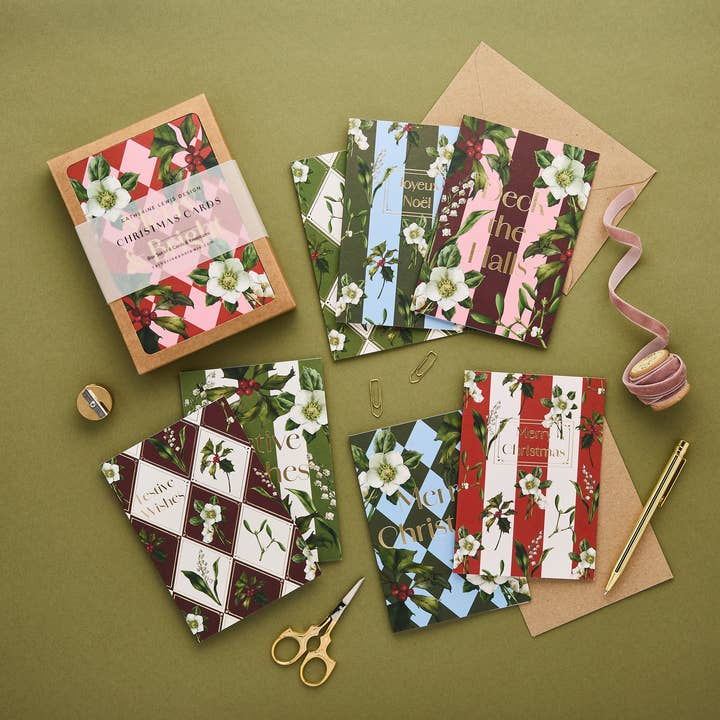 Box of 8 Luxury Botanical Christmas Cards - Carnivalesque for wholesale by Catherine Lewis Design