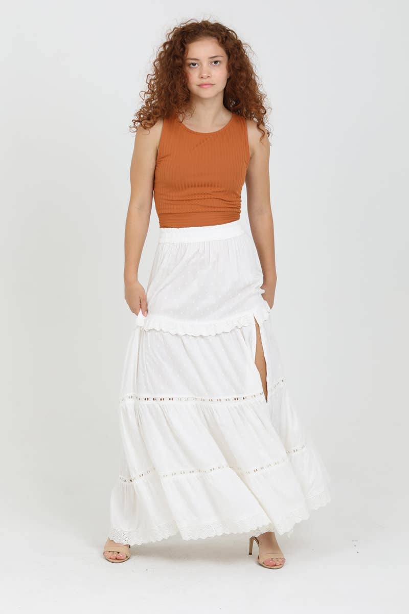 ANGIE – Saia - Mulher por atacado – Saia longa em camadas com detalhe de renda e fenda20