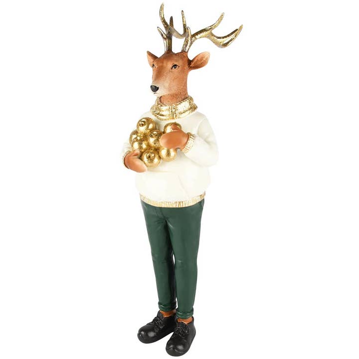 Deer standing, green/gold/white, polyresin, 14x11x40cm for wholesale by Dekoratief